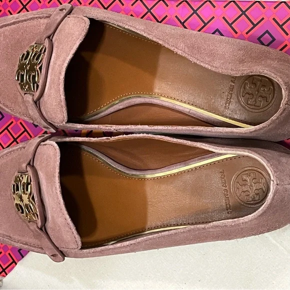 Worn once, Tory Burch Suede Miller Loafer with metal logo. Size 8, box included